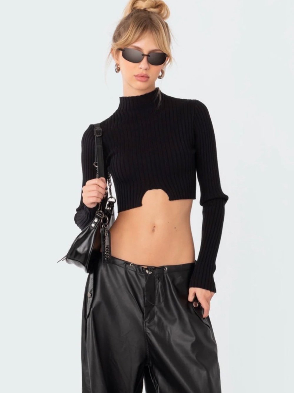 Edikted Black Ribbed Cropped Mock Neck Sweater